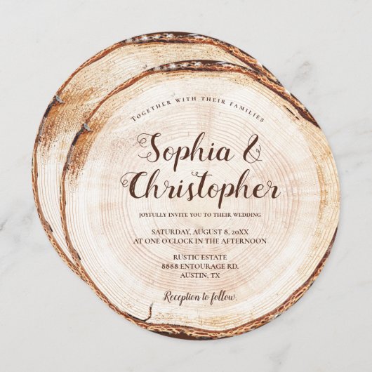 木目の切り目のスクリプト名素朴結婚の値 招待状 (正面/裏面)