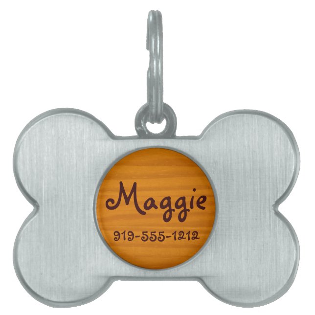 木目の骨の形カスタマイズ可能な名前の犬ラベル ペットネームタグ (正面)