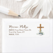 木目クロスと青と白の花 ラベル (インサイチュ)