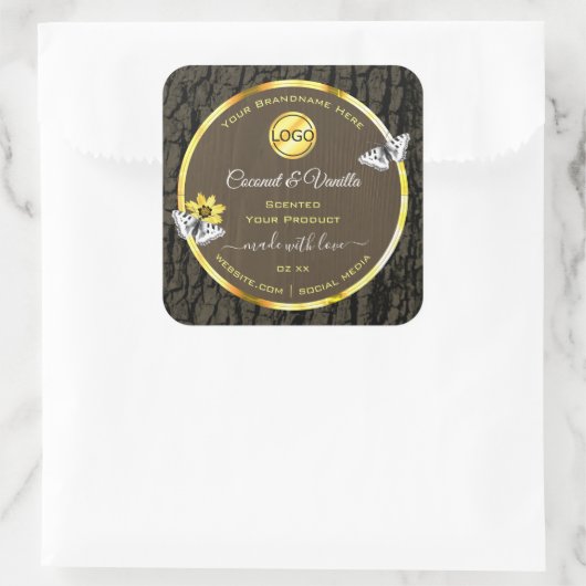 木目ダークブラウン金ゴールド製品ラベル追加ロゴ スクエアシール (バッグ)