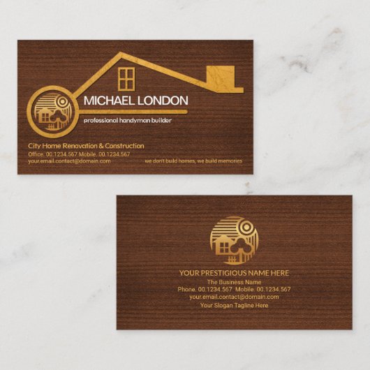 木目テクスチャ金ゴールドホームハンドマン大工 名刺 (正面/裏面)