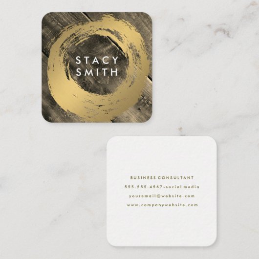 木目パネル金ゴールドブラシ スクエア名刺 (正面/裏面)