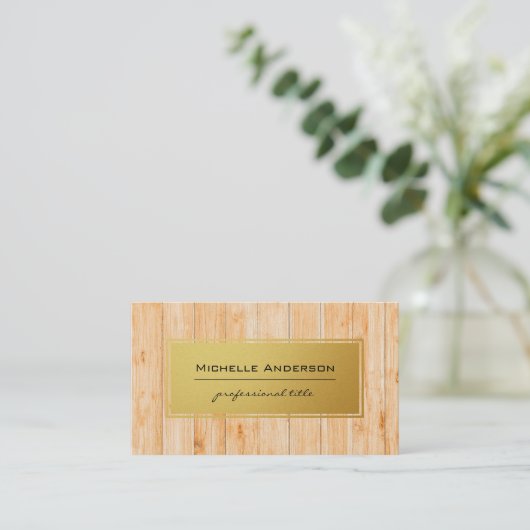 木目パネル | 金ゴールドフレームの背景 名刺 (スタンド正面)