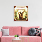 木目パーソナライズされた付き鹿キャビン キャンバスプリント (インサイチュ (リビング))