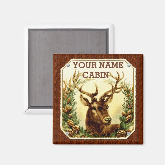 木目パーソナライズされた付き鹿キャビン マグネット (正面/裏面)