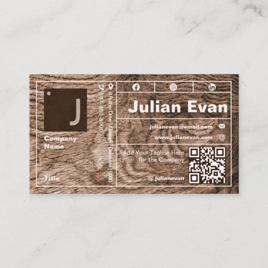 木目モダンタイポグラフィモノグラはっきりしたムQRコード 名刺 (正面)