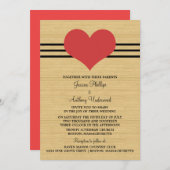 木目モダンハート結婚式の招待、赤 招待状 (正面/裏面)