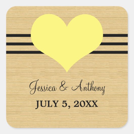 木目モダンハート結婚式用シール、黄 スクエアシール (正面)