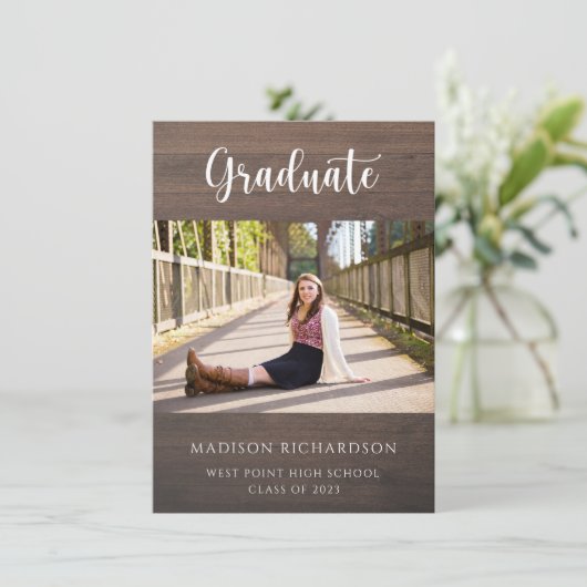 木目モダン写真素朴卒業 招待状 (スタンド正面)
