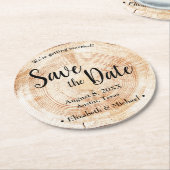 木目ユニークのウェディング素朴日付を保存 ラウンドペーパーコースター (アングル)
