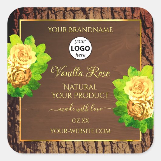 木目木皮フローラ製品ラベルとロゴ スクエアシール (正面)