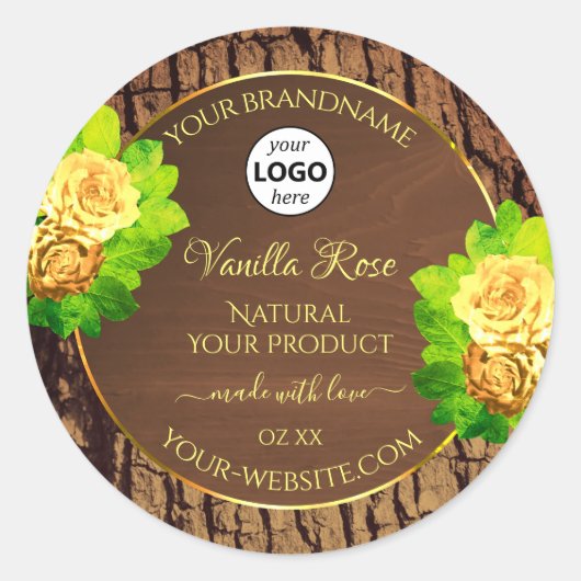 木目木皮フローラ製品ラベルとロゴ ラウンドシール (正面)