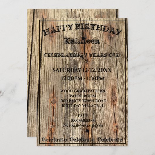 木目模様写真ユーコン誕生日招待状 招待状 (正面/裏面)