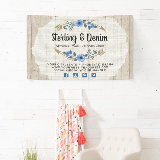 木目素朴とボヘミアの水色フローラ矢印 横断幕 (インサイチュ)