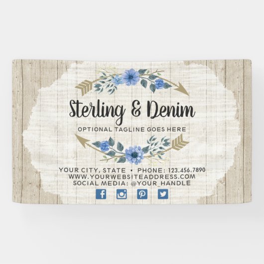 木目素朴とボヘミアの水色フローラ矢印 横断幕 (横)