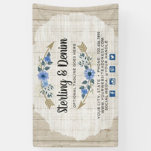 木目素朴とボヘミアの水色フローラ矢印 横断幕 (縦)