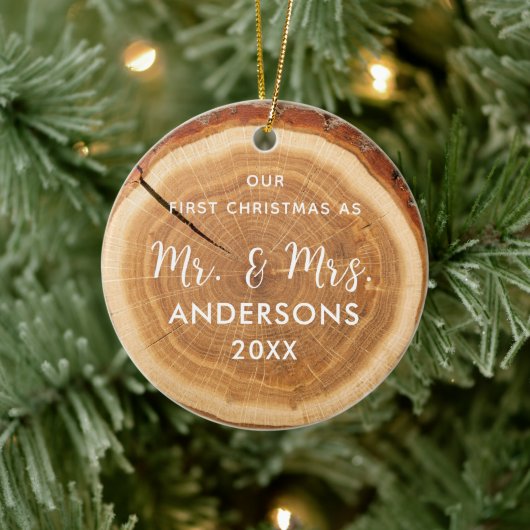 木目素朴スライス初めてのクリスマスの先結婚した セラミックオーナメント (ツリー)