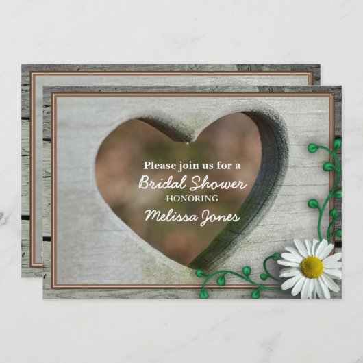 木目素朴ハート&デイジーブライダルシャワー 招待状 (正面/裏面)