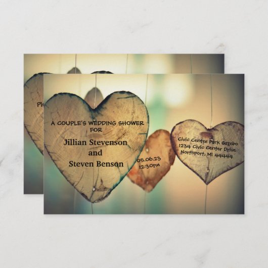 木目素朴ハート- 3x5ウェディングシャワー招待状 招待状 (正面/裏面)