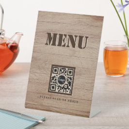 木目素朴パターンメニューQRコードブラック 台座サイン