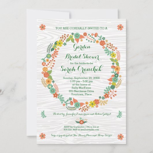 木目素朴フローラリースブライダルシャワー 招待状 (正面)