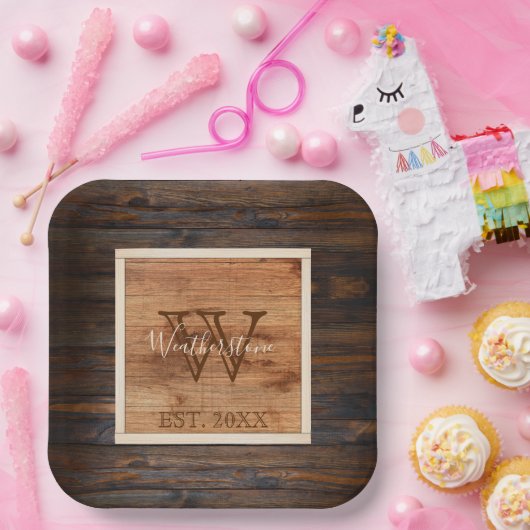 木目素朴モノグラム大 ペーパープレート (パーティー)