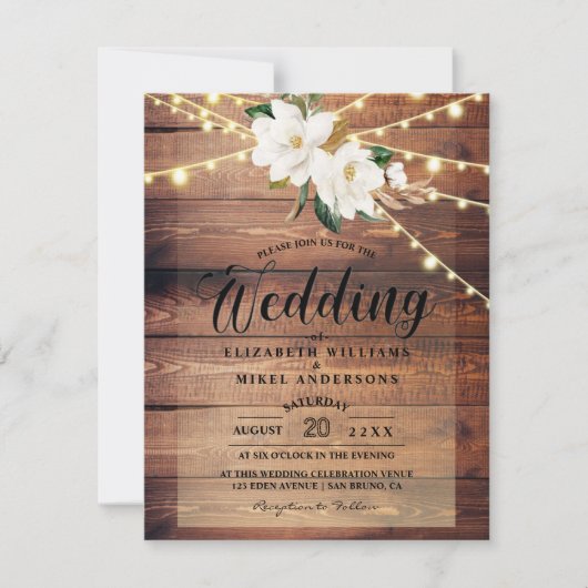 木目素朴照明文字列とフローラ結婚白 招待状 (正面)