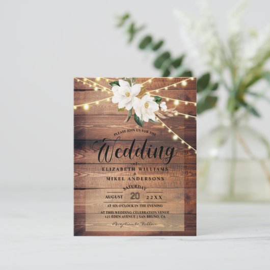 木目素朴照明文字列とフローラ結婚白 招待状 (スタンド正面)