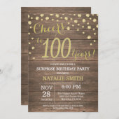 木目素朴金ゴールドサプライズ100誕生日ダイヤモンド 招待状 (正面/裏面)