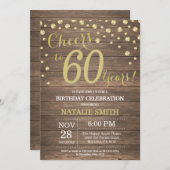 木目素朴金ゴールド第60誕生日ダイヤモンド 招待状 (正面/裏面)