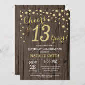 木目素朴金ゴールド13番目の誕生日 招待状 (正面/裏面)