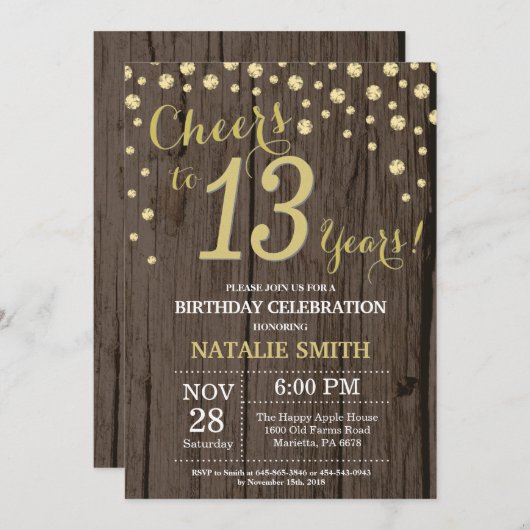 木目素朴金ゴールド13番目の誕生日 招待状 (正面/裏面)