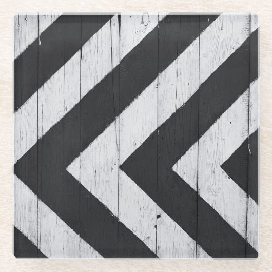 木目絵を描黒白パターン ガラスコースター (正面)