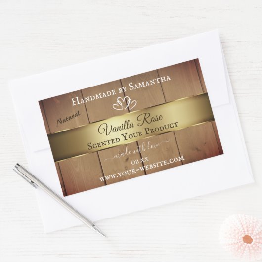 木目製品包装ラベル金ゴールドデコ 長方形シール (封筒)