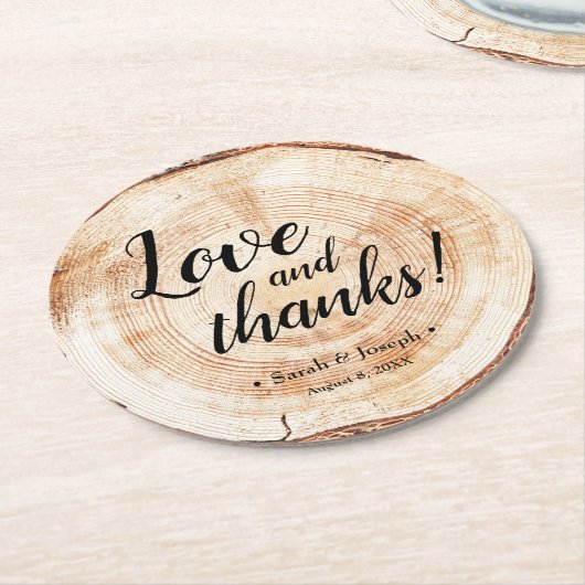 木目調のラスティックウェディング 愛と感謝のウェディング ラウンドペーパーコースター (アングル)