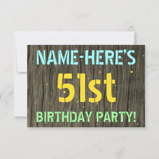 木目調の偽物、塗装されたテキストの外観、51歳の誕生日+名前 招待状 (正面)