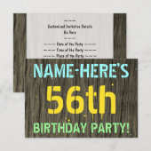 木目調の偽物、塗装されたテキストの外観、56歳の誕生日+名前 招待状 (正面/裏面)