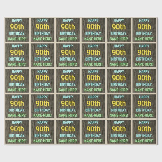 木目調の偽物、塗装されたテキストの外観、90歳の誕生日+名前 ラッピングペーパー (フラット)