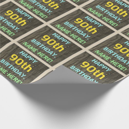 木目調の偽物、塗装されたテキストの外観、90歳の誕生日+名前 ラッピングペーパー (角)