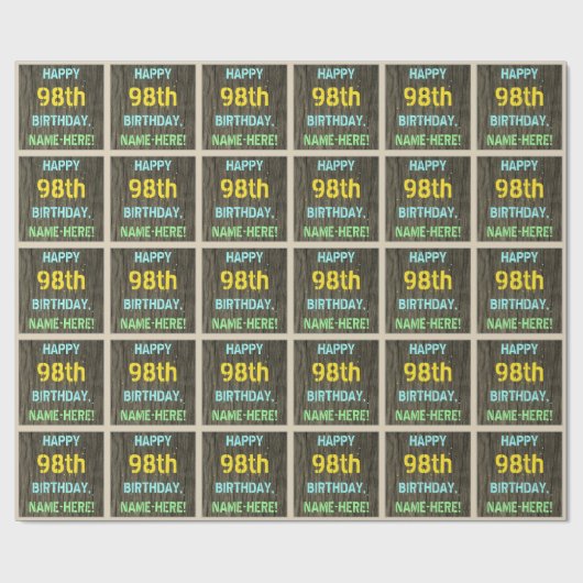 木目調の偽物、塗装されたテキストの外観、98歳の誕生日+名前 ラッピングペーパー (フラット)