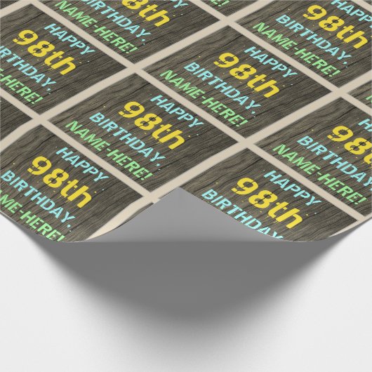木目調の偽物、塗装されたテキストの外観、98歳の誕生日+名前 ラッピングペーパー (角)