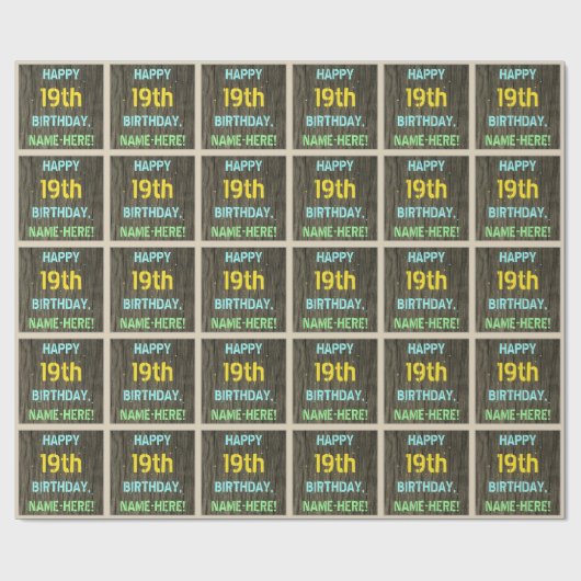 木目調の偽装、本塗りのテキスト外観、19歳の誕生日 + 名前 ラッピングペーパー (フラット)