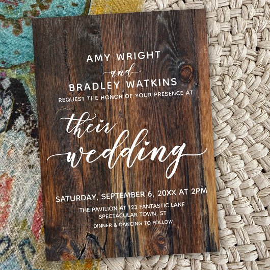 木目調の手書きで、結婚式の文字をデザインしたウェディングハート 招待状