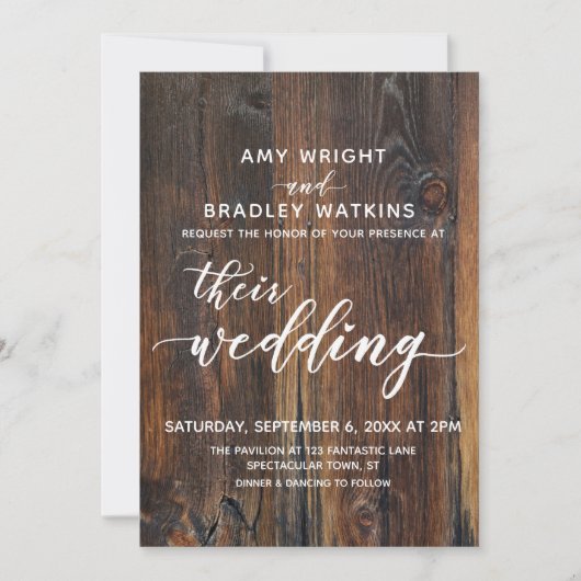 木目調の手書きで、結婚式の文字をデザインしたウェディングハート 招待状 (正面)