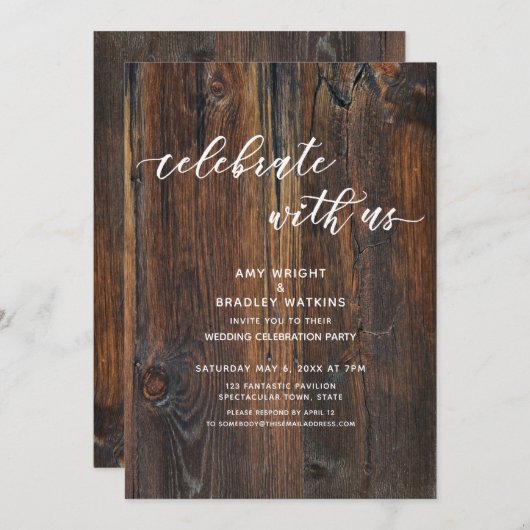 木目調の手書きスクリプトでお祝いしよう 招待状 (正面/裏面)