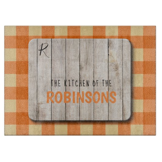 木科モノグラム名オレンジギンガム カッティングボード (正面)