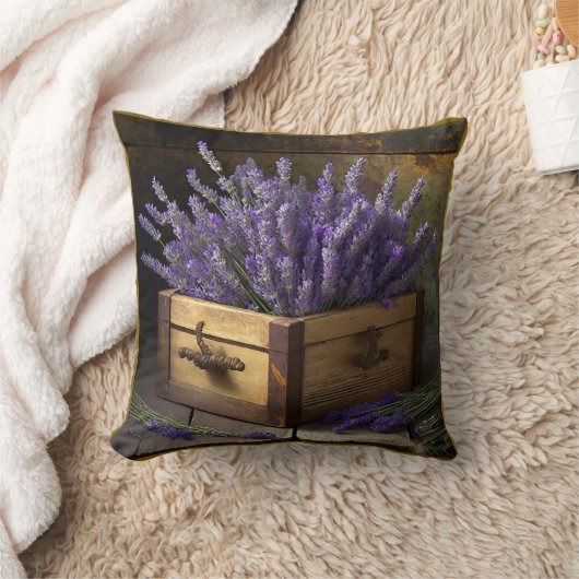 木箱に入れたカントリーラベンダー クッション (ブランケット)