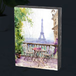 木箱サイン<br><div class="desc">水彩Eifel Tower Parisフランスのカフェ木箱サインは、パリとEifel Towerを背景にフランスのした水色カフェのシーティングエリアを特徴とする。Evco Studio www.zazzle.com/store/evcostudioによって作成</div>