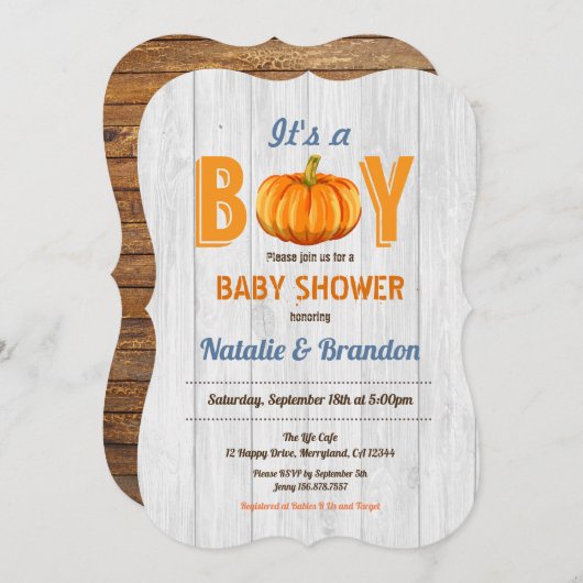 木粉カボチ素朴ャの男の赤ちゃんシャワー招待 招待状 (正面/裏面)
