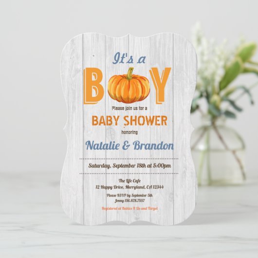 木粉カボチ素朴ャの男の赤ちゃんシャワー招待 招待状 (スタンド正面)